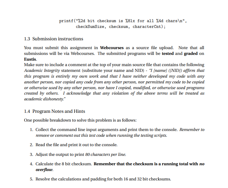 the checksum for the text in a file. Your program will take