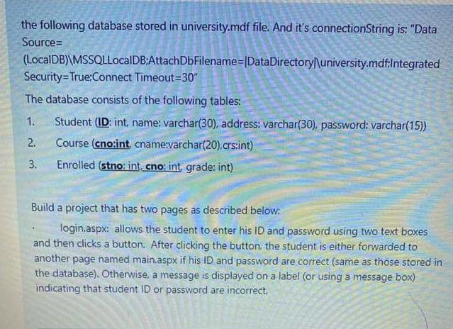  Visual Studio solution Each question page the following database stored in