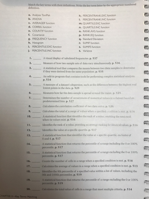  Excel chapter 8 Match the key terms with their definitions. Write