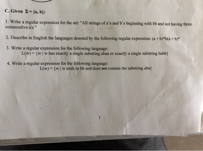  Need help on 1-4. C. Given = {a, b): 1. Write