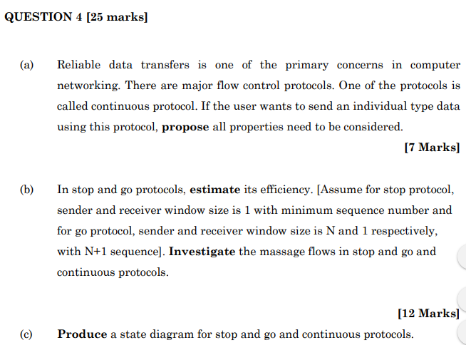  QUESTION 4 [25 marks] (a) Reliable data transfers is one of