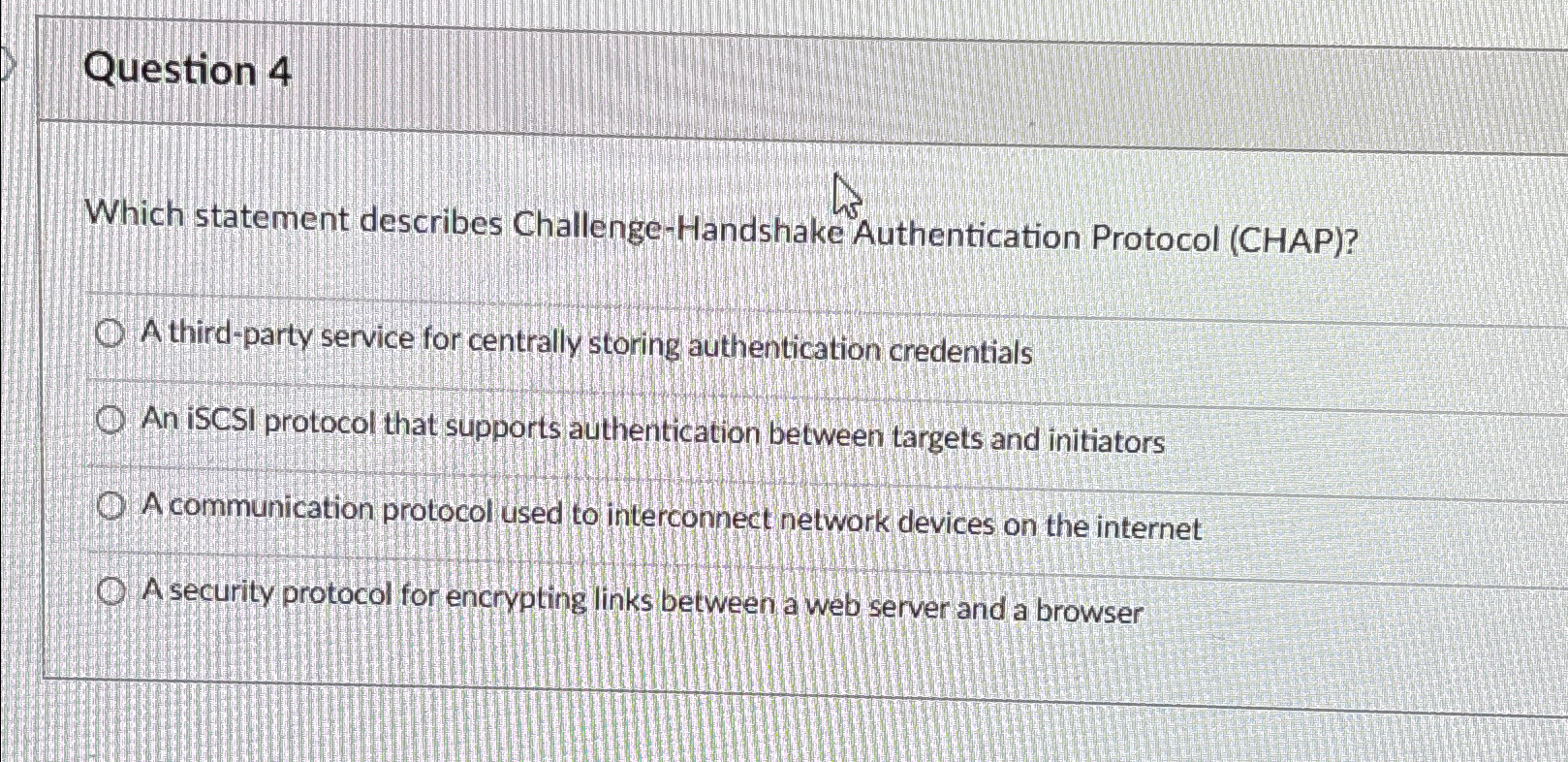  Question 4 Which statement describes Challenge-Handshake Authentication Protocol (CHAP)? A third-party