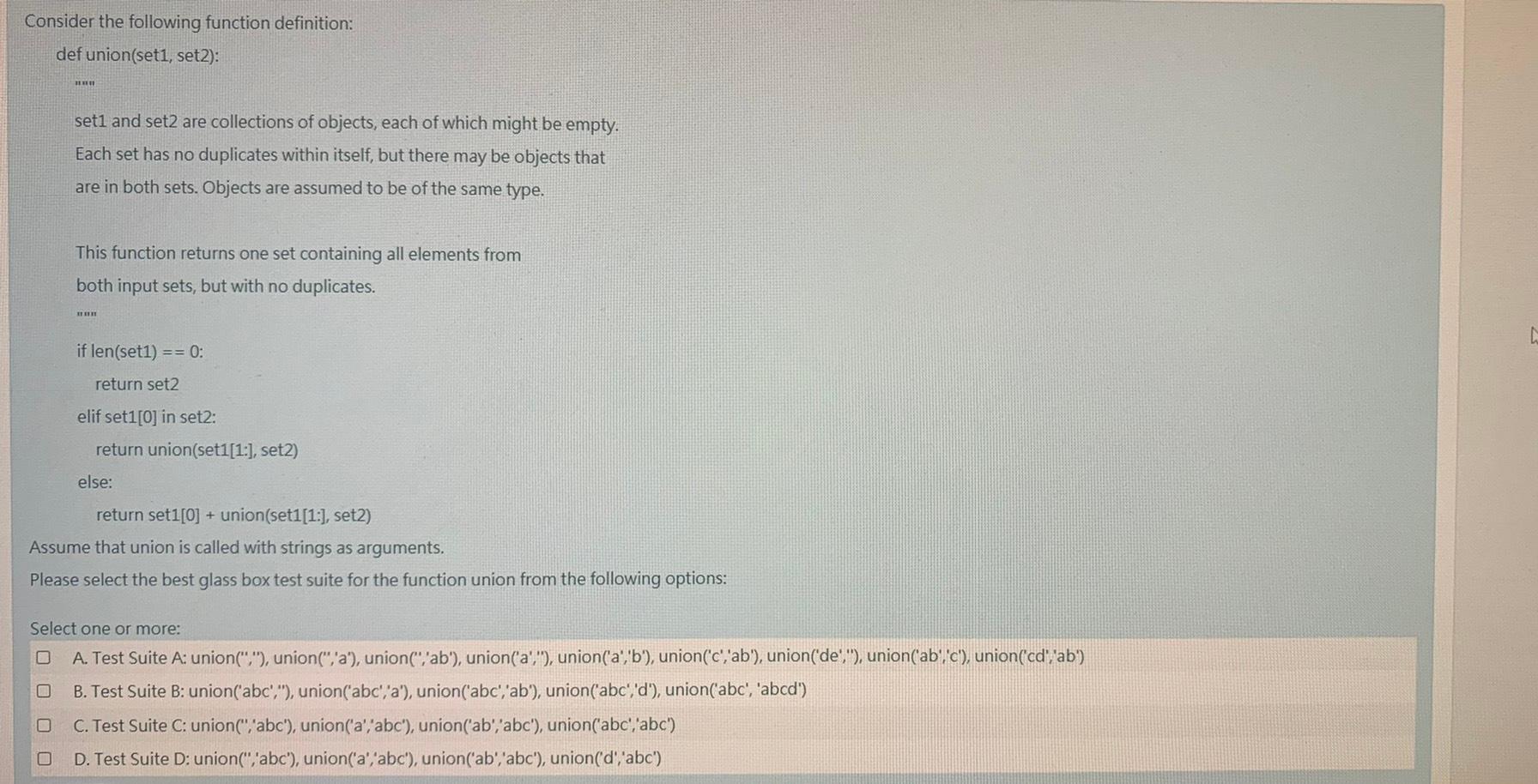 specification: def union(seti, set2): set1 and set2 are collections of objects, each