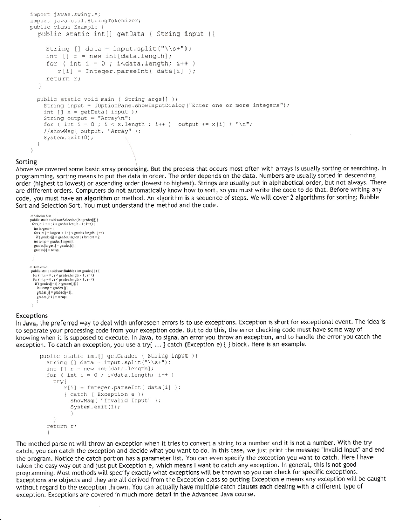 sorting, regular expressions, methods, and exceptions. I am very confused on how
