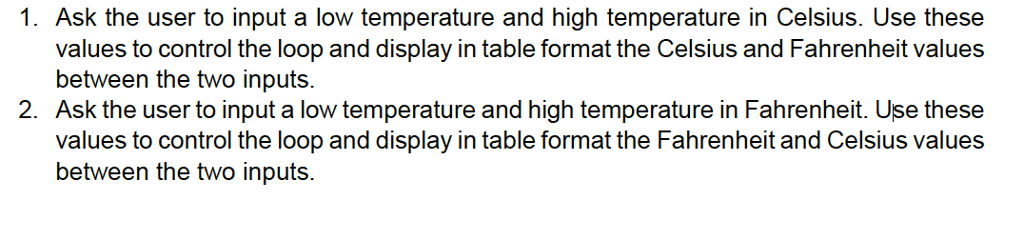 that displays a table of the Celsius temperatures 0 through 20 and