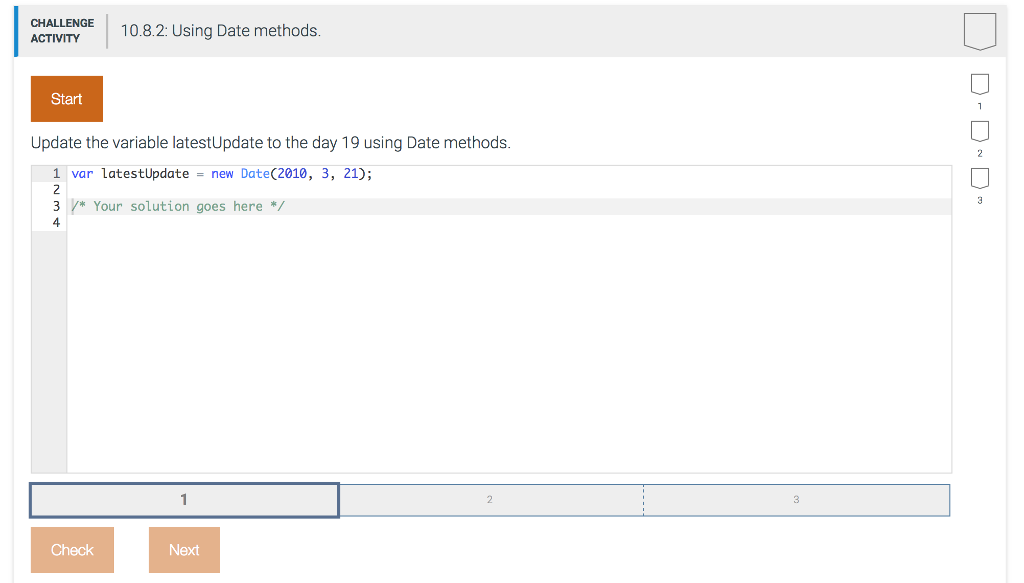 CCEIMTYE108.2: Using Date methods Start Update the variable latestUpdate to the