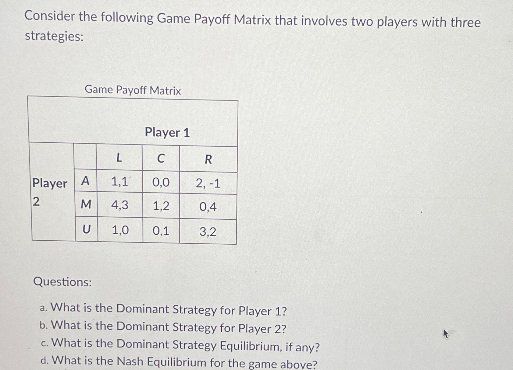  Consider the following Game Payoff Matrix that involves two players with