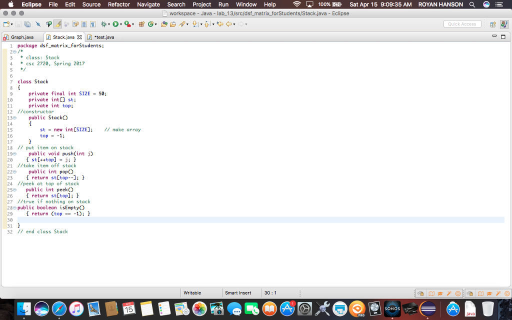 my graph.java class. Eclipse File Edit Source Refactor Navigate Search Project Run