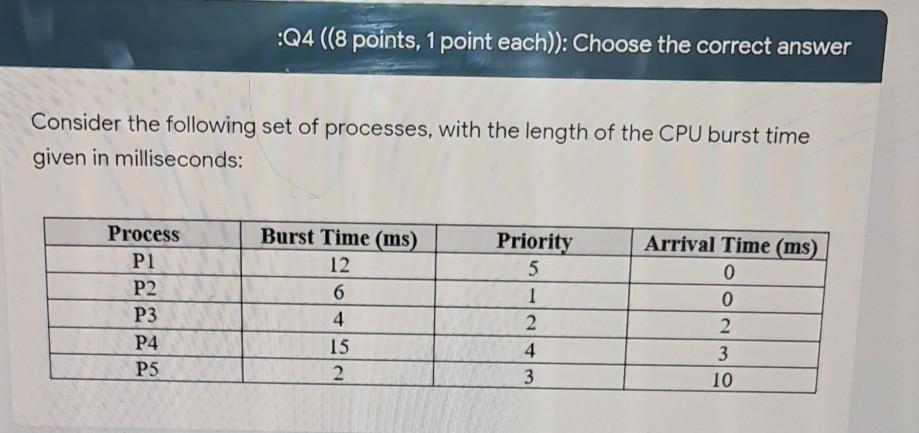 :Q4 ((8 points, 1 point each)): Choose the correct answer Consider