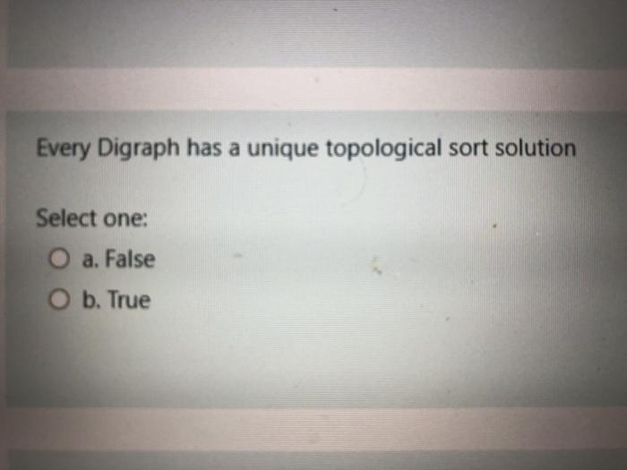  Every Digraph has a unique topological sort solution Select one: O