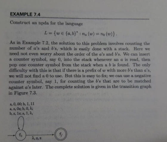 Show that the pushdown automaton in Example 7.4 is not deterministic, but