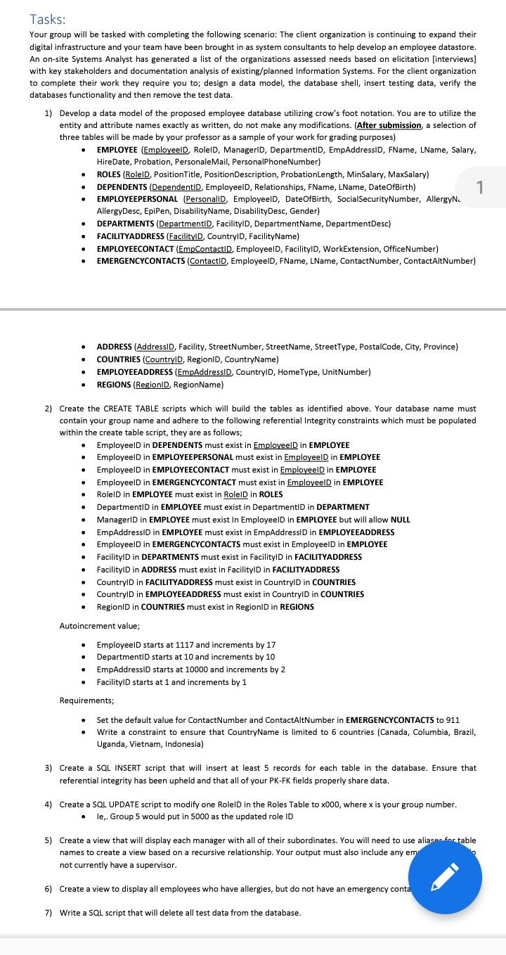 Tasks: Your group will be tasked with completing the following scenario: