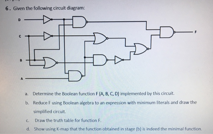  6. Given the following circuit diagram: Determine the Boolean function F(A,
