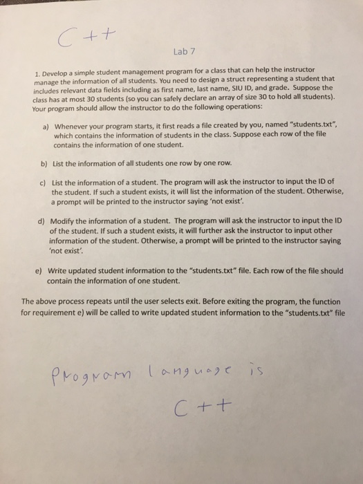  Lab 7 1. Develop a simple student management program for a