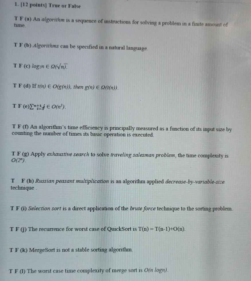  please answer true or false from question (a) to question (I)
