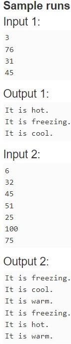 user to input n temperature values using a for loop, for each