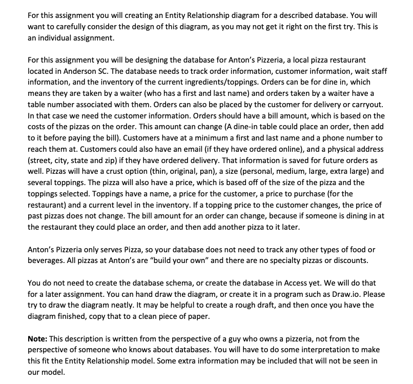  For this assignment you will creating an Entity Relationship diagram for