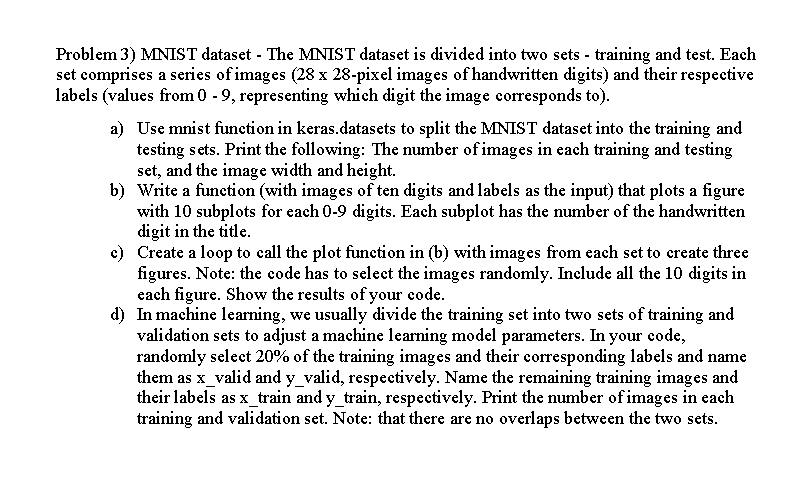 In Python. Problem 3) MNIST dataset - The MNIST dataset is divided