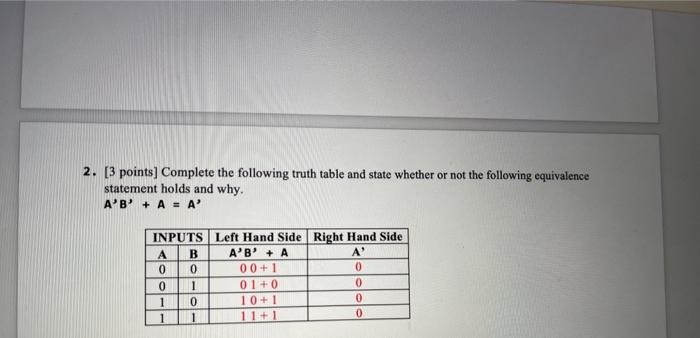  2. [3 points] Complete the following truth table and state whether