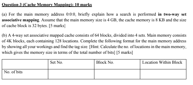 Question 3 (Cache Memory Mapping): 10 marks (a) For the main