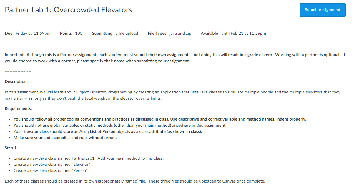 undefined Partner Lab 1: Overcrowded Elevators Submit Assignment Due Friday by 11:59pm