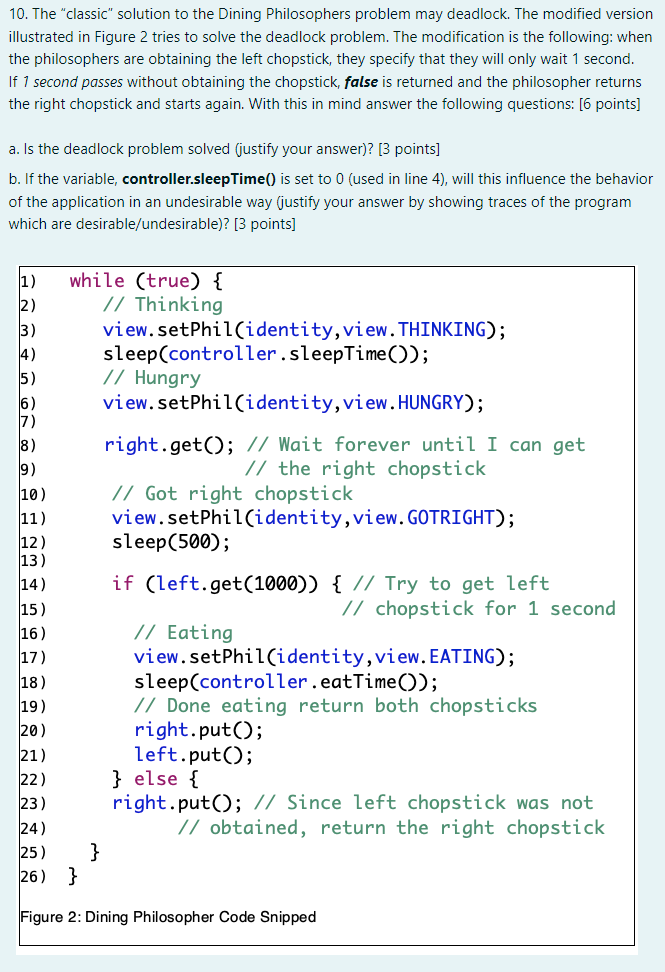 10. The "classic" solution to the Dining Philosophers problem may deadlock.