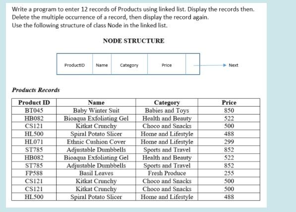 Write a program to enter 12 records of Products using linked