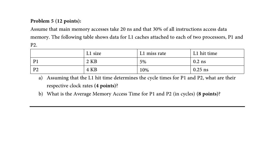  Problem 5 (12 points):\ Assume that main memory accesses take 20ns