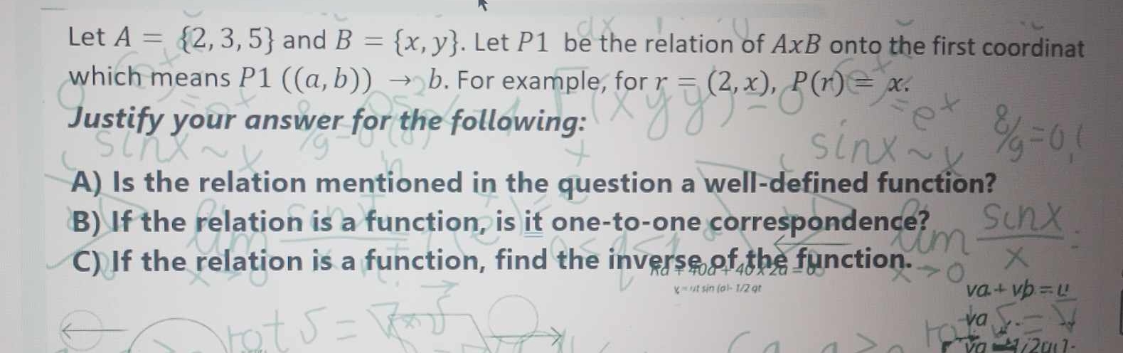  Let A={2,3,5} and B={x,y}. Let P1 be the relation of AxB