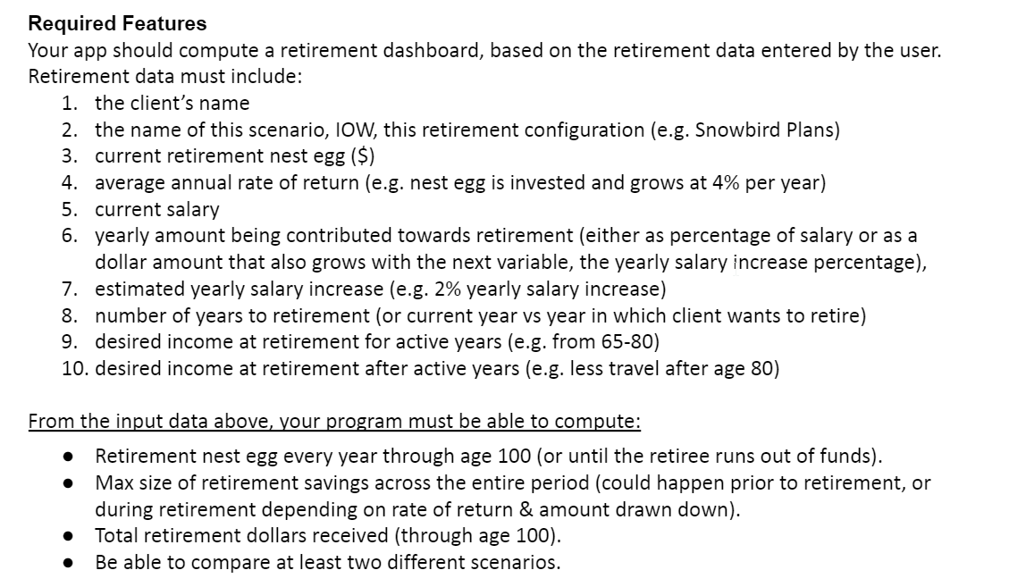 PLEASE DO THIS IN JAVASCRIPT, HTML. THANKS Required Features Your app should
