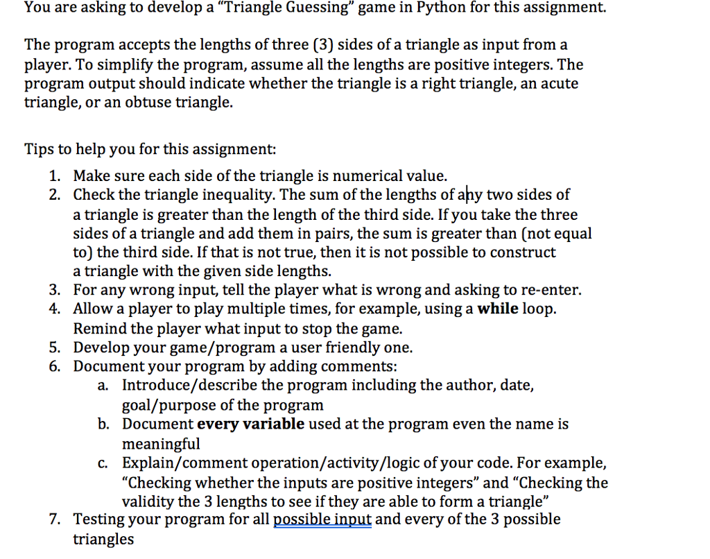 You are asking to develop a Triangle Guessing game in Python for