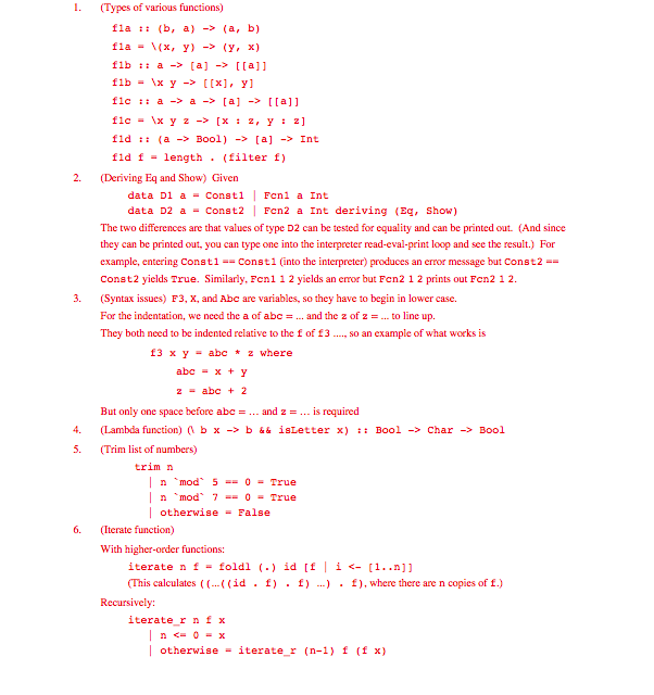 Haskell Programming (Needs to be done with Haskell) . (Types of various