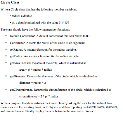 in c++ please. Circle Class Write a Circle class that has the