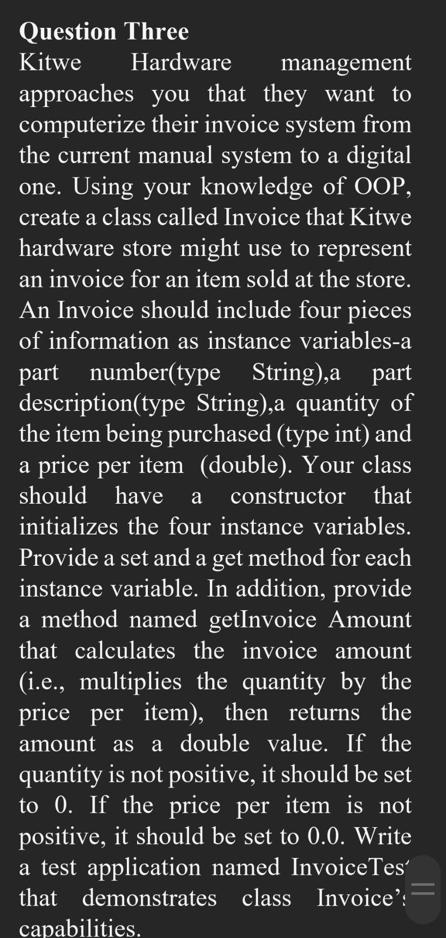  Using Java and eclipse as the IDE Question Three Kitwe Hardware