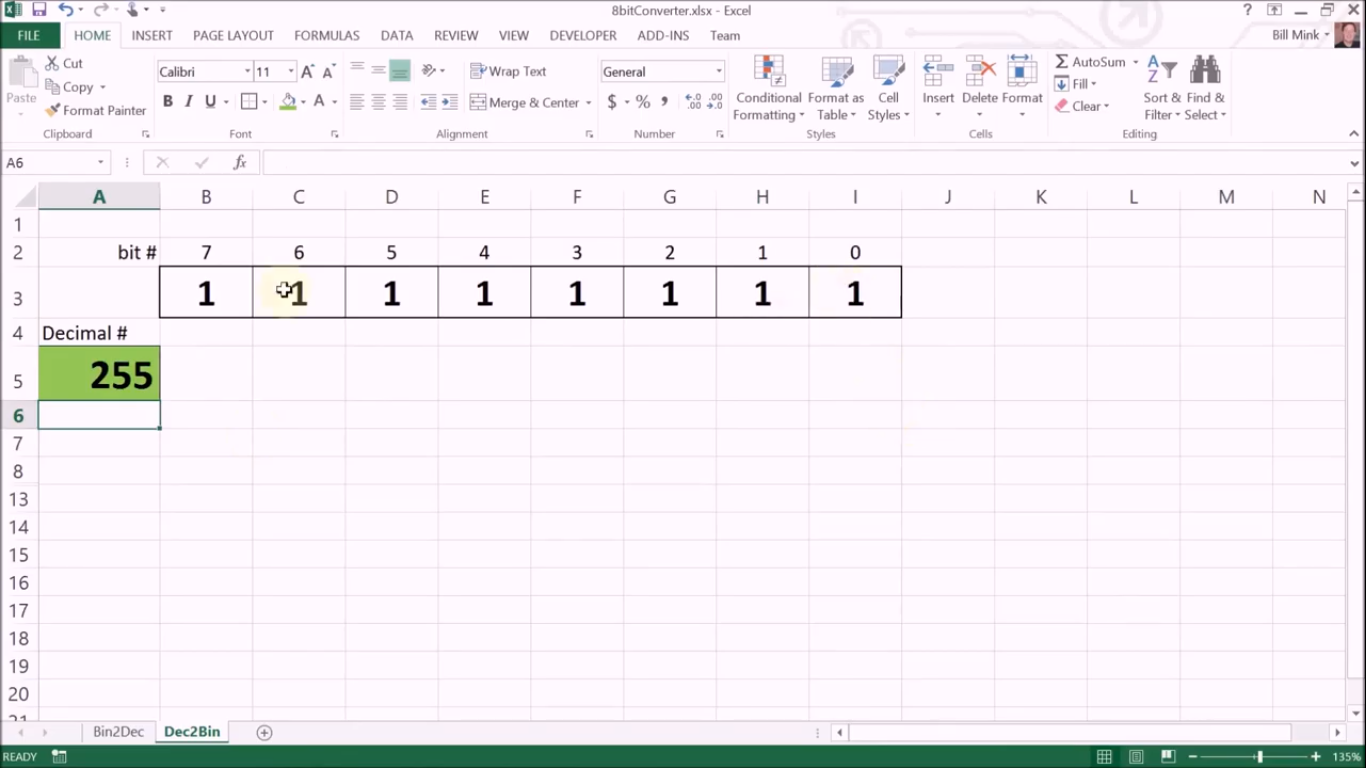Using Excel, build a decimal to 8-bit binary converter. Do not use