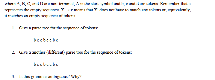 non-terminal, A is the start symbol and b,c and d are tokens.