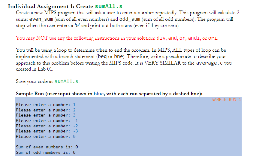  Individual Assignment 1: Create sumAll.s Create a new MPS program that