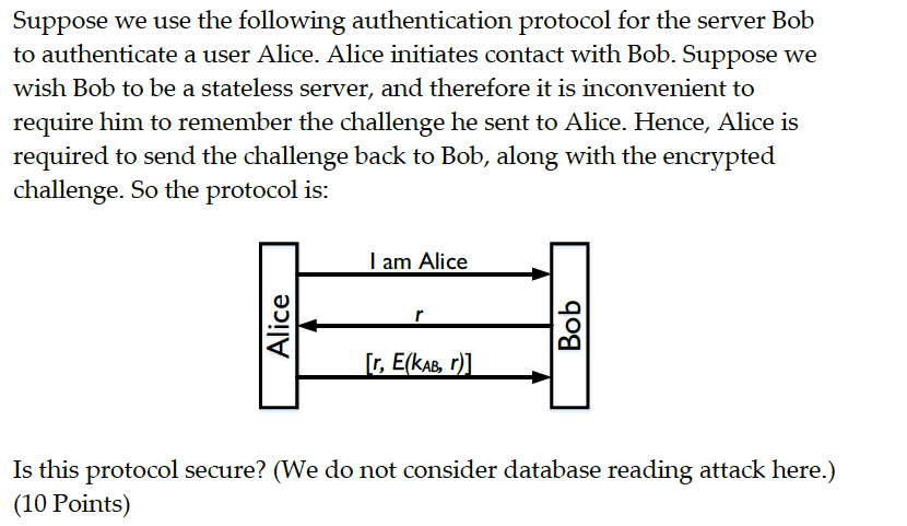 please provide correct solution. Suppose we use the following authentication protocol for
