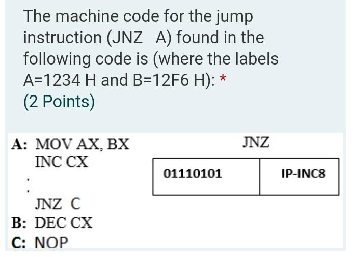 final answer please The machine code for the jump instruction (JNZ