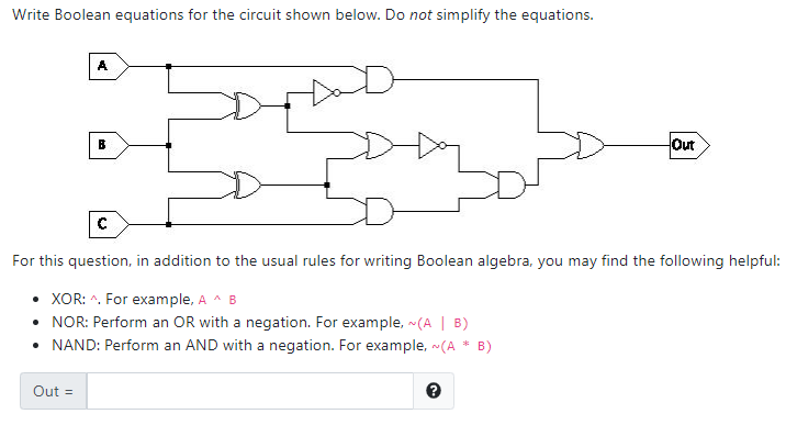 Write Boolean equations for the circuit shown below. Do not simplify