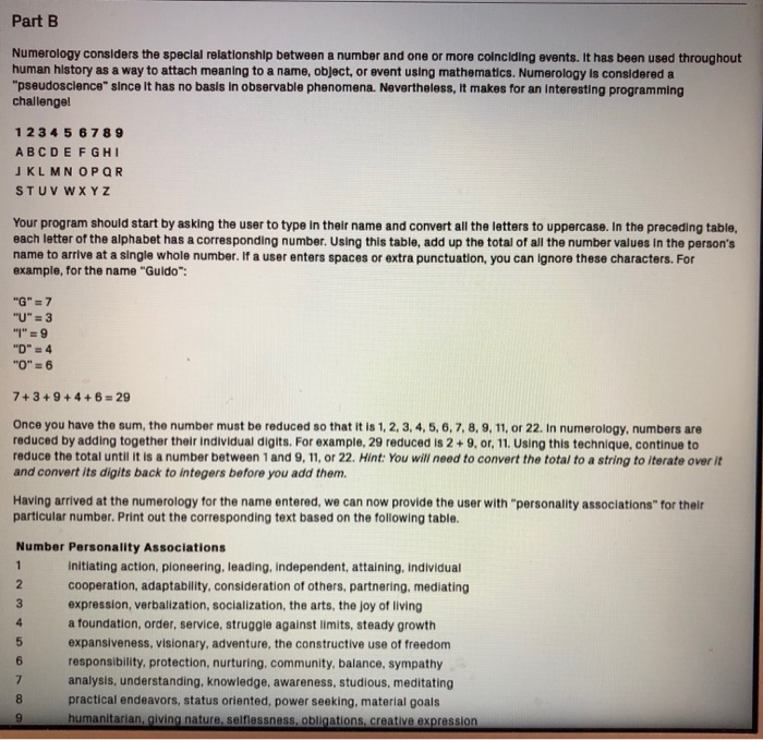  You have to use python to solve this. Part B Numerology
