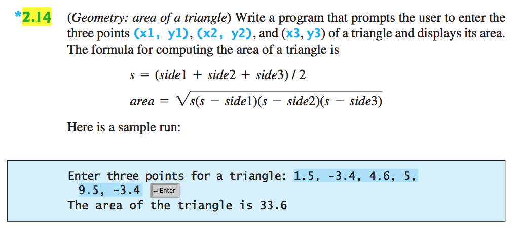 that extends the GeometricObject class. The Triangle class contains: Three float data