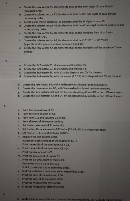  2. Create the row vector A1, its elements shall be the