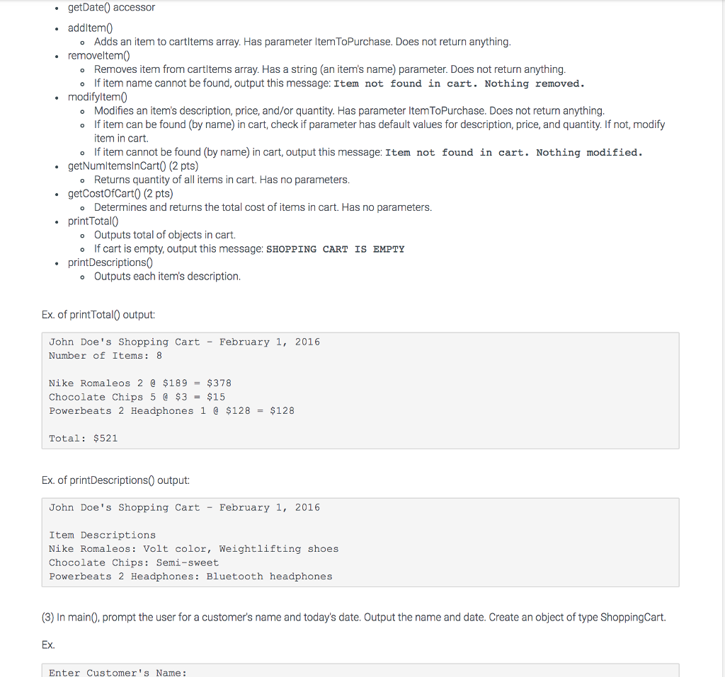 Deliverables ShoppingCartManager.java ShoppingCart.java and ItemToPurchase.java You must submit these file(s) Compile command