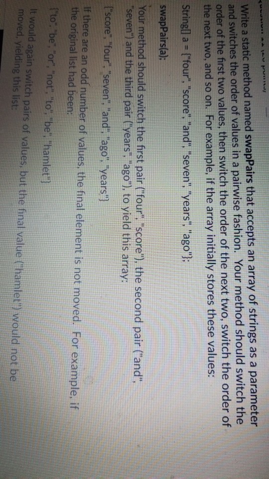  static method named swapPairs that accepts an array of strings as