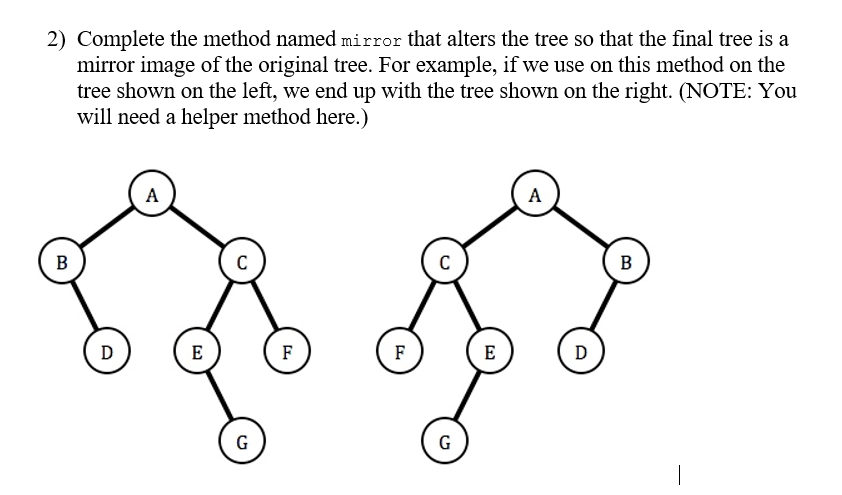 JAVA HOMEWORK 2) Complete the method named mirror that alters the tree