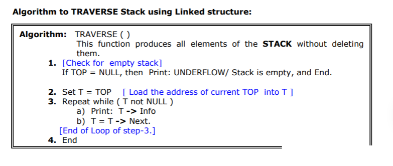using Linked structure: Algorithm: PUSH(ITEM), [ Here the initial value of TOP