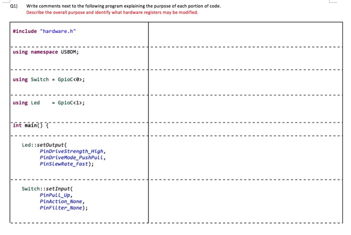  a1) Write comments next to the following program explaining the purpose