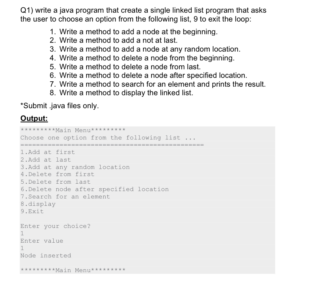  Q1) write a java program that create a single linked list