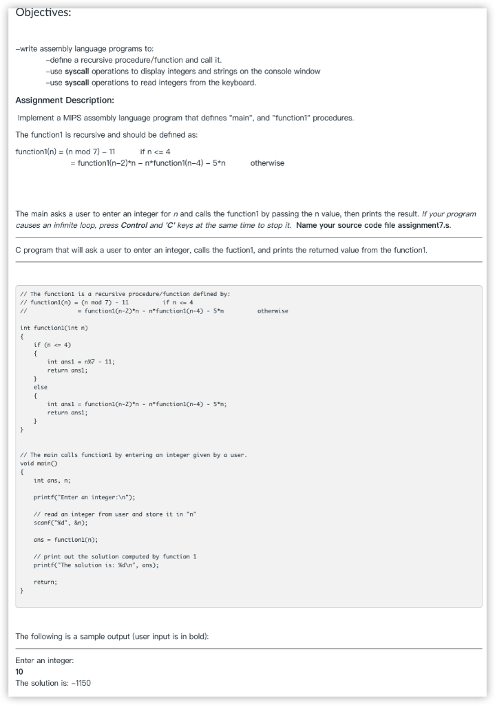 Help me to use MIPS solve this problem,Thanks! Objectives: -write assembly language